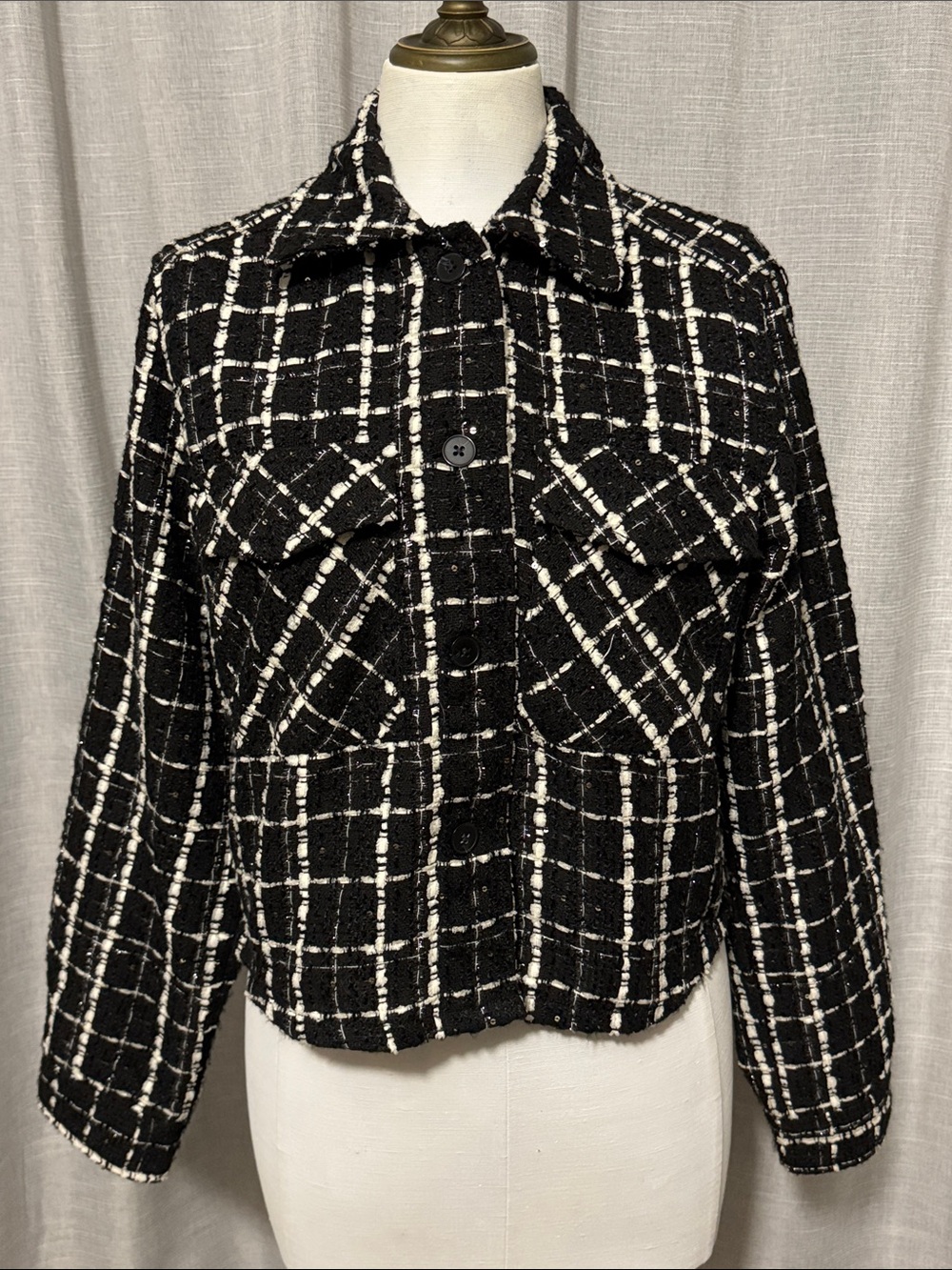 NWT Express Cropped Plaid Jacket-Sz XS-Black/White & Silver-Relaxed Boxy Fit-